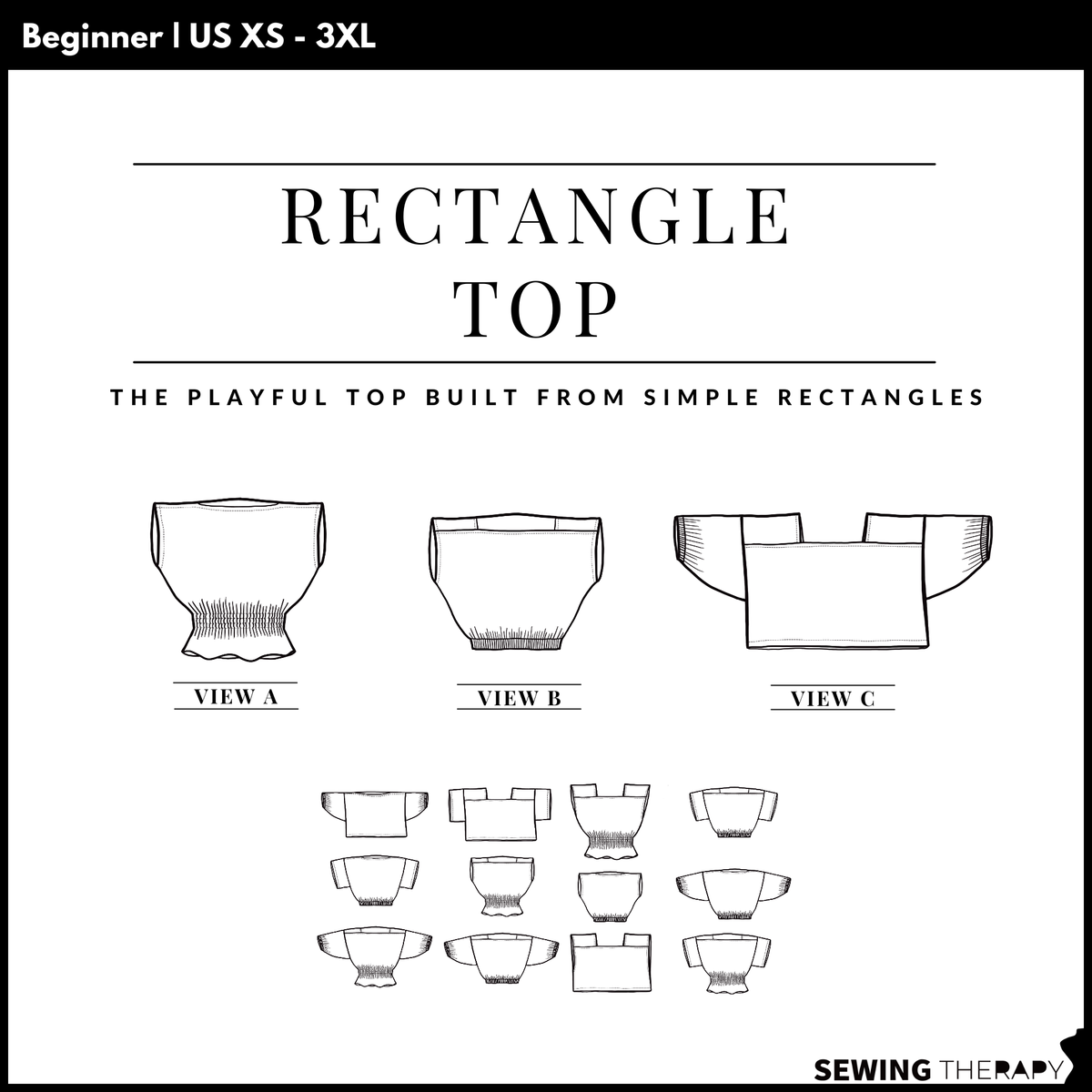 Sewing Therapy Rectangle Top PDF sewing pattern, cover with line drawings