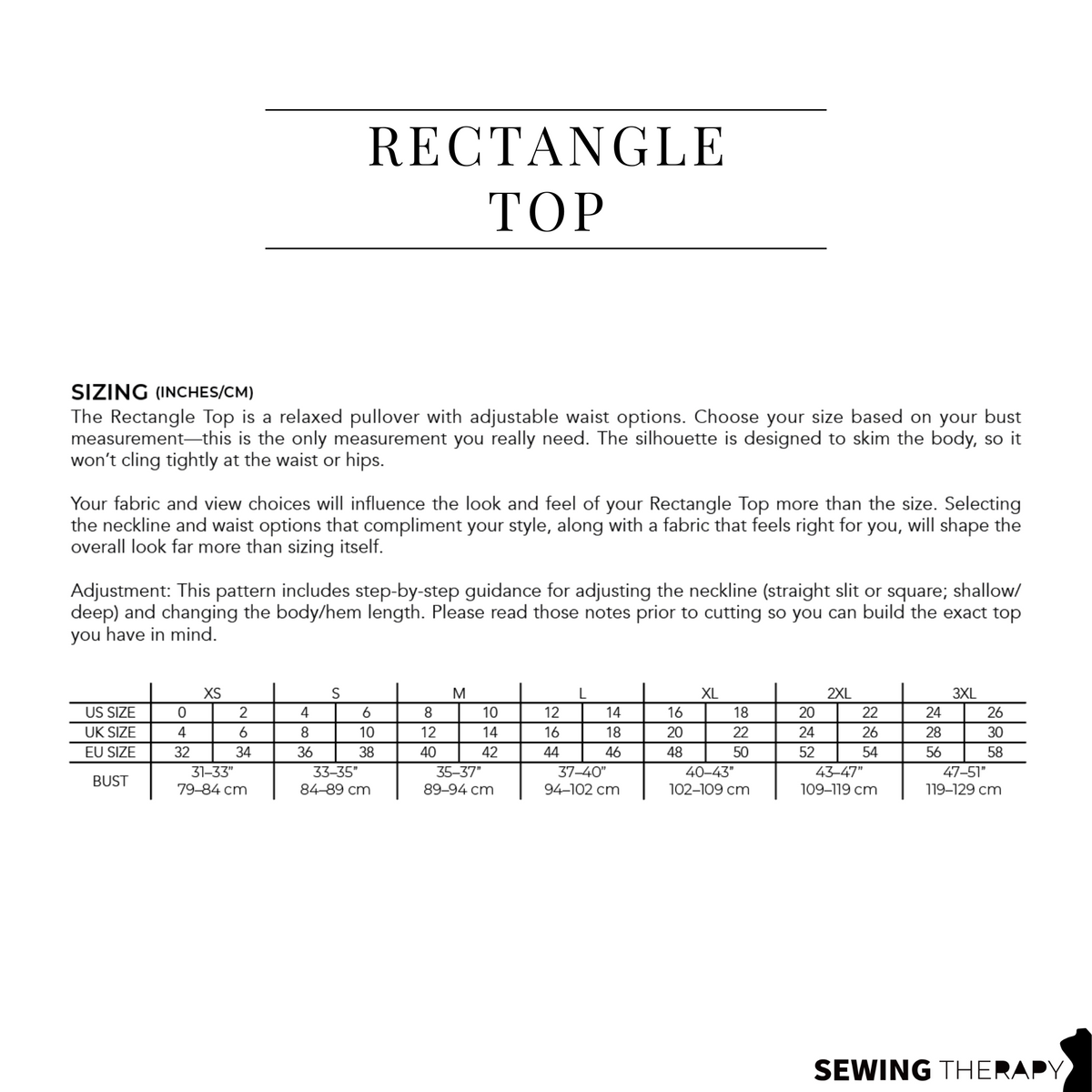Sewing Therapy Rectangle Top PDF sewing pattern, size chart page