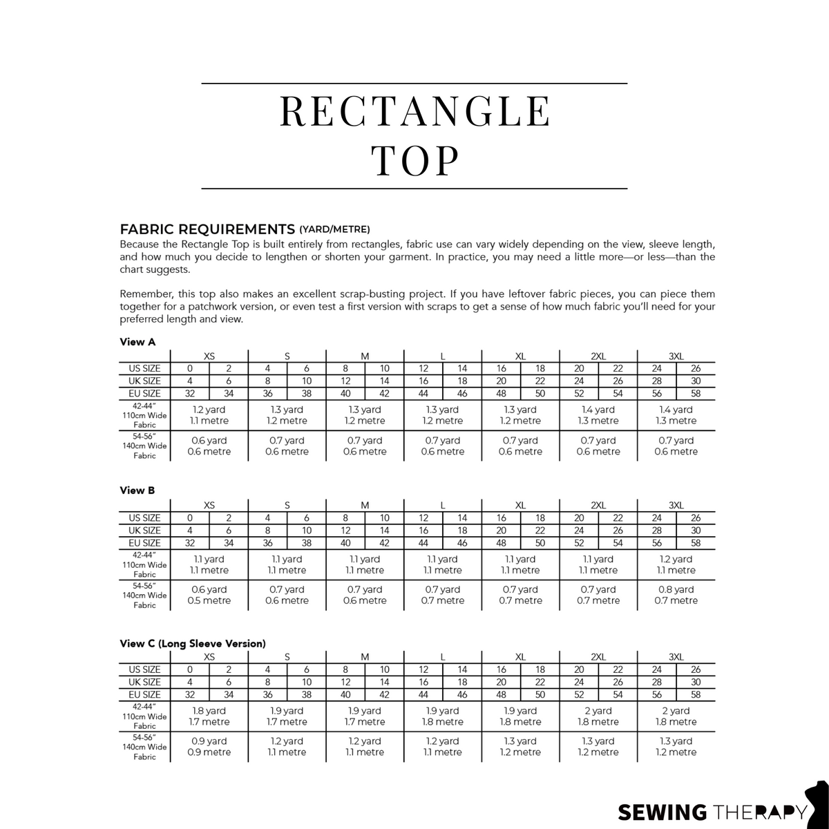 Sewing Therapy Rectangle Top PDF sewing pattern, cutting layout page