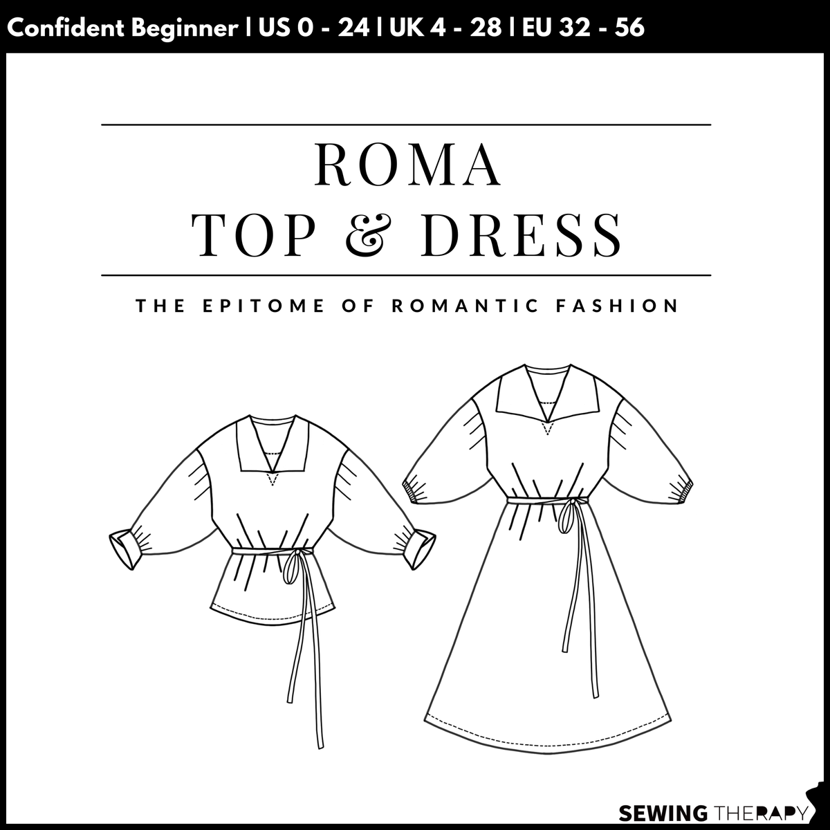 Sewing Therapy Roma Top and Dress PDF sewing pattern, cover with line drawings