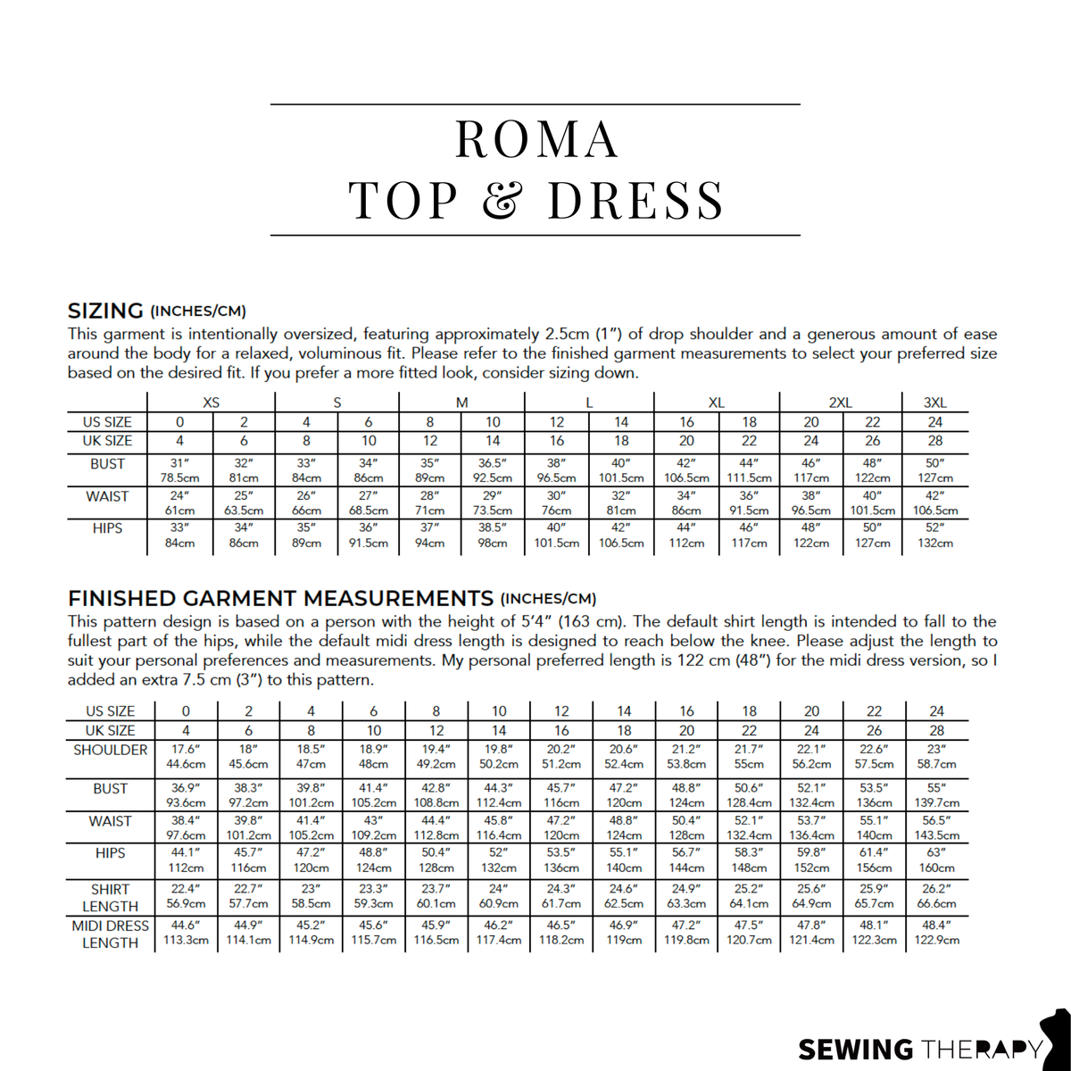 Sewing Therapy Roma Top and Dress PDF sewing pattern, size chart and yardage page