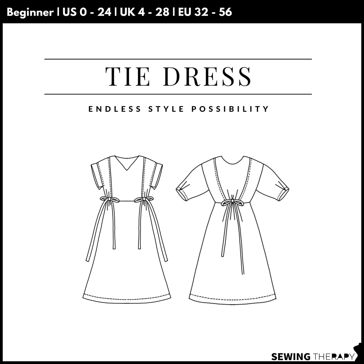 Sewing Therapy Tie Dress PDF sewing pattern, cover with line drawings
