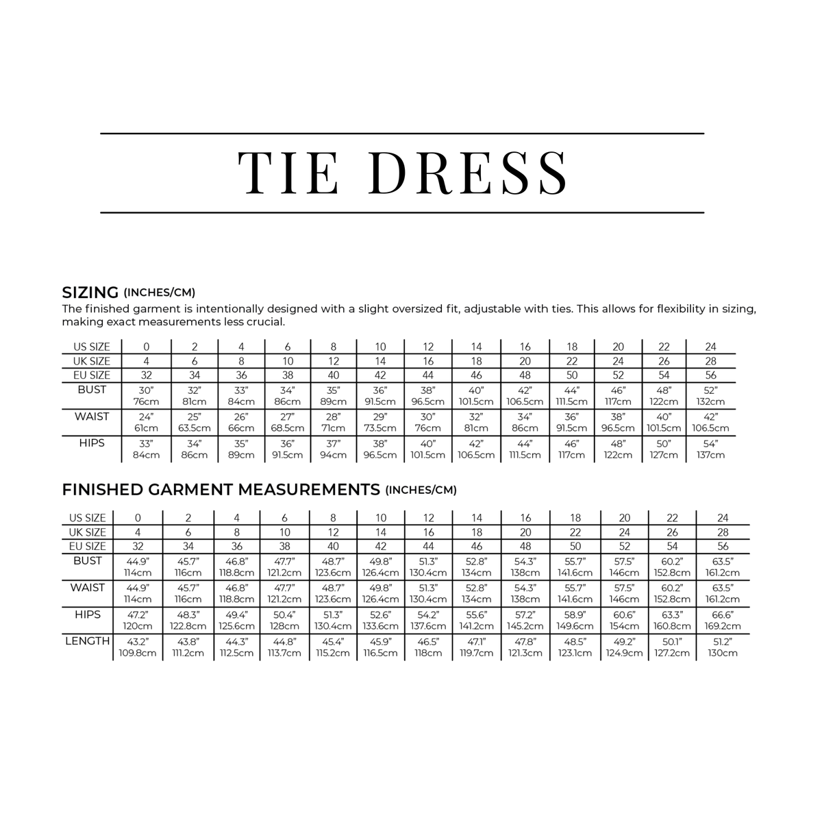 Sewing Therapy Tie Dress PDF sewing pattern, size chart and fabric requirements page