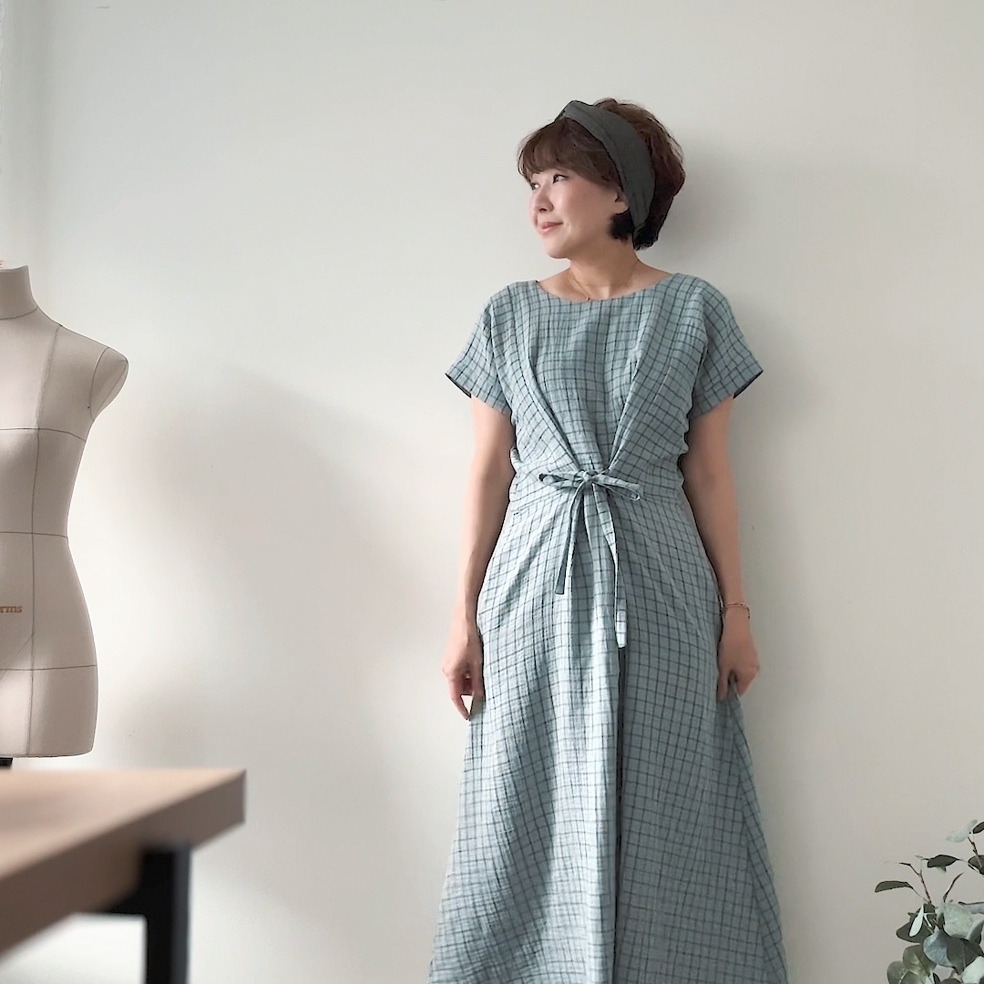 Sewing Therapy Tie Dress PDF sewing pattern, model in a sage green linen tie dress