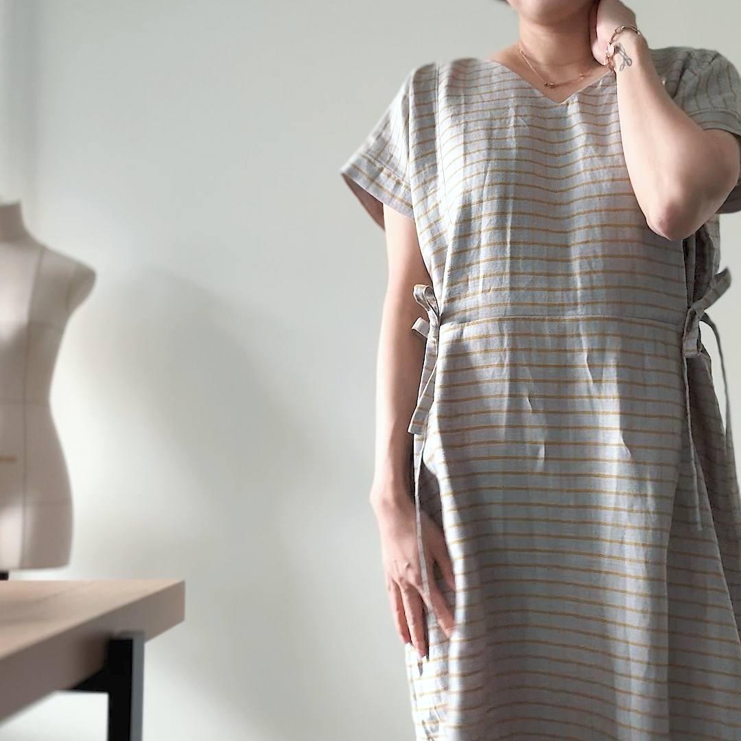 Sewing Therapy Tie Dress PDF sewing pattern, grey linen tie dress front view