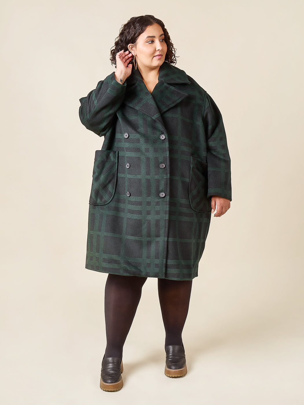 Green tartan coat made with the Closet Core Phoebe Coat PDF sewing pattern, side view