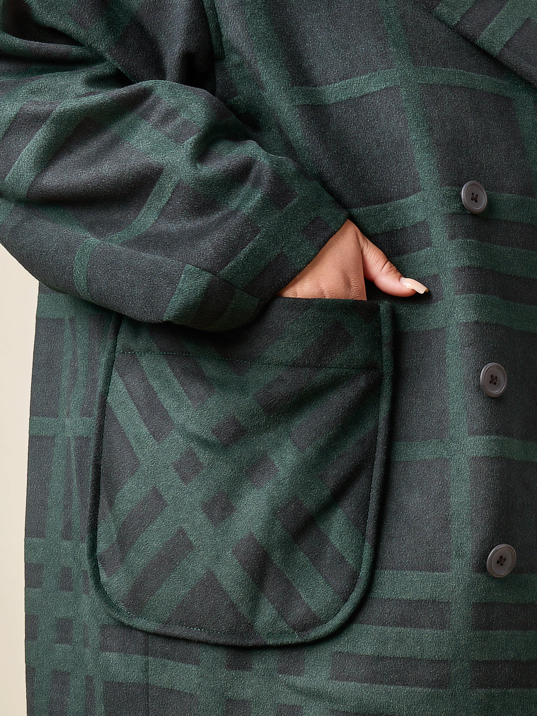 Pocket detail on a green plaid coat, Closet Core Phoebe Coat PDF sewing pattern