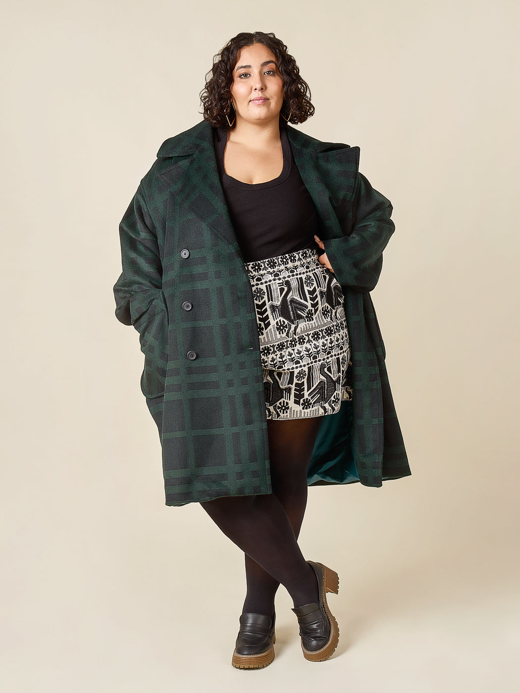 Green plaid coat opened to show the inside seams, Closet Core Phoebe Coat PDF sewing pattern