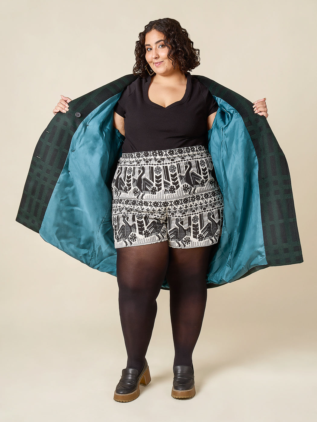 Plaid coat held open to show a print lining, Closet Core Phoebe Coat PDF sewing pattern