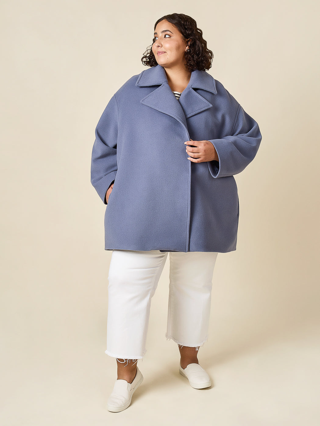 Periwinkle blue short coat sewn from the Closet Core Phoebe Coat PDF sewing pattern