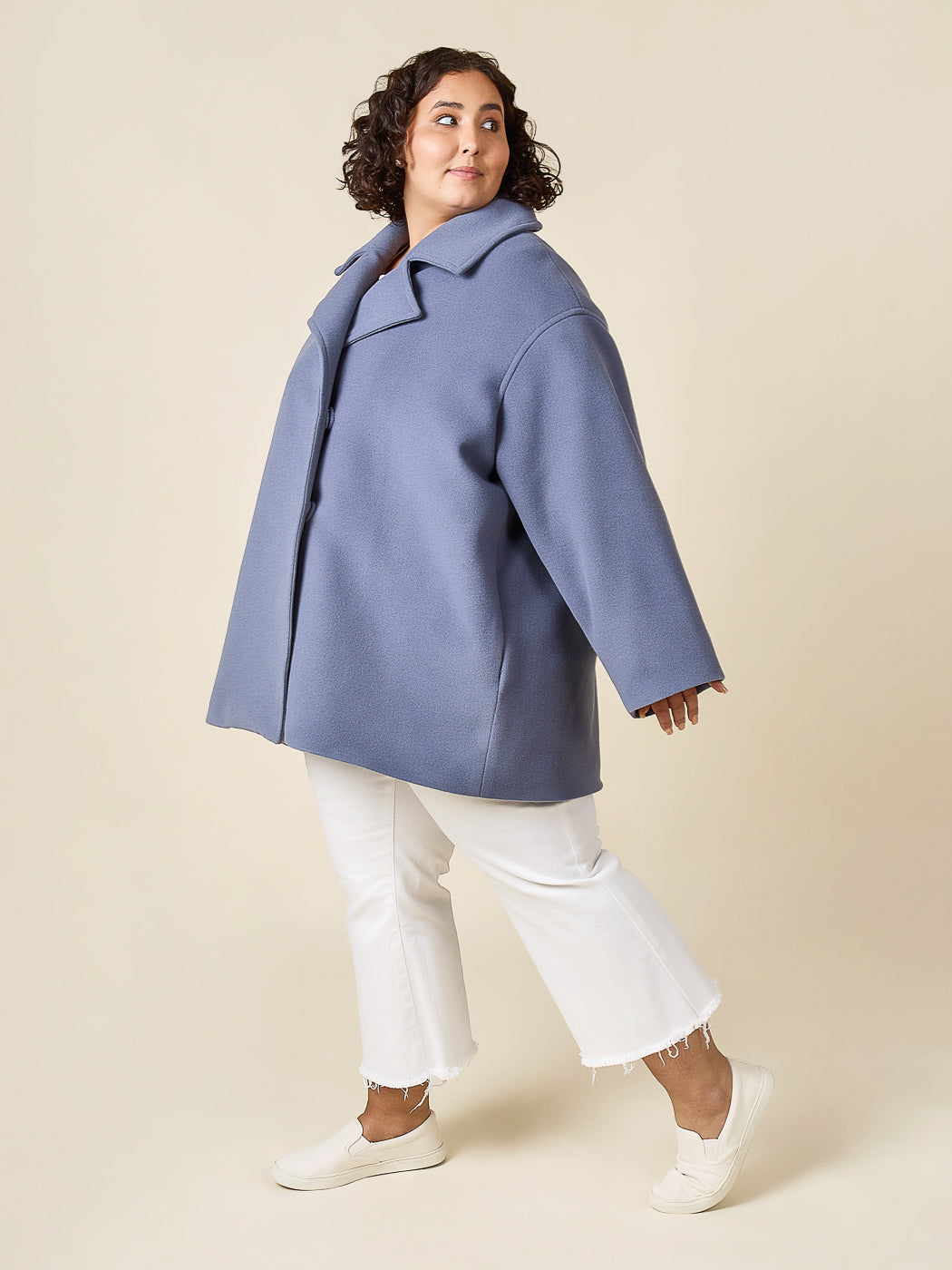 Blue cocoon jacket from the Closet Core Phoebe Coat PDF sewing pattern, three quarter view