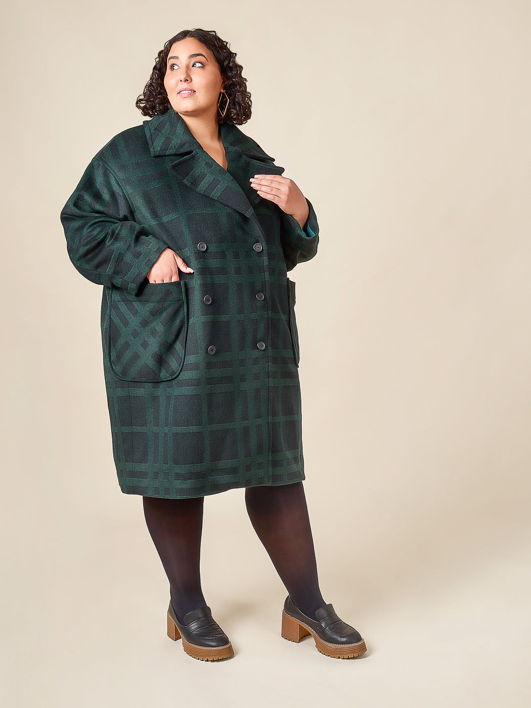 Green plaid wool coat sewn from the Closet Core Phoebe Coat PDF sewing pattern
