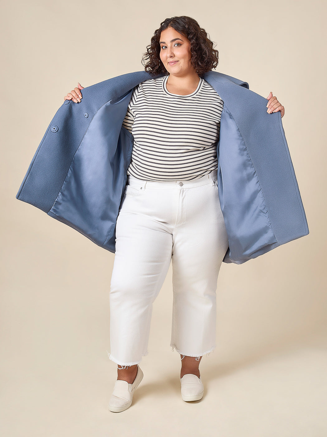 Blue coat lining and facing detail, Closet Core Phoebe Coat PDF sewing pattern