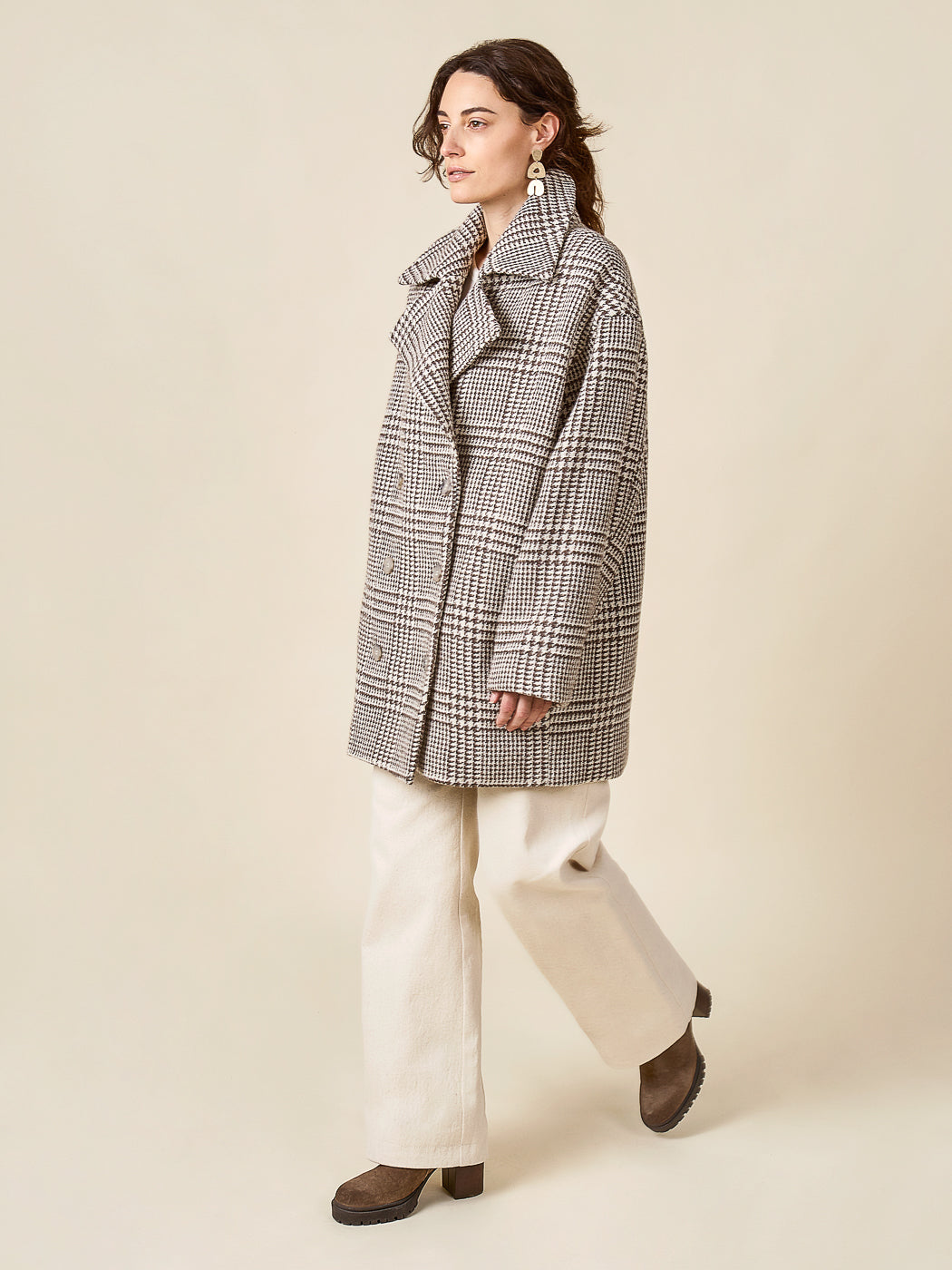 Side view of a grey coat made with the Closet Core Phoebe Coat PDF sewing pattern