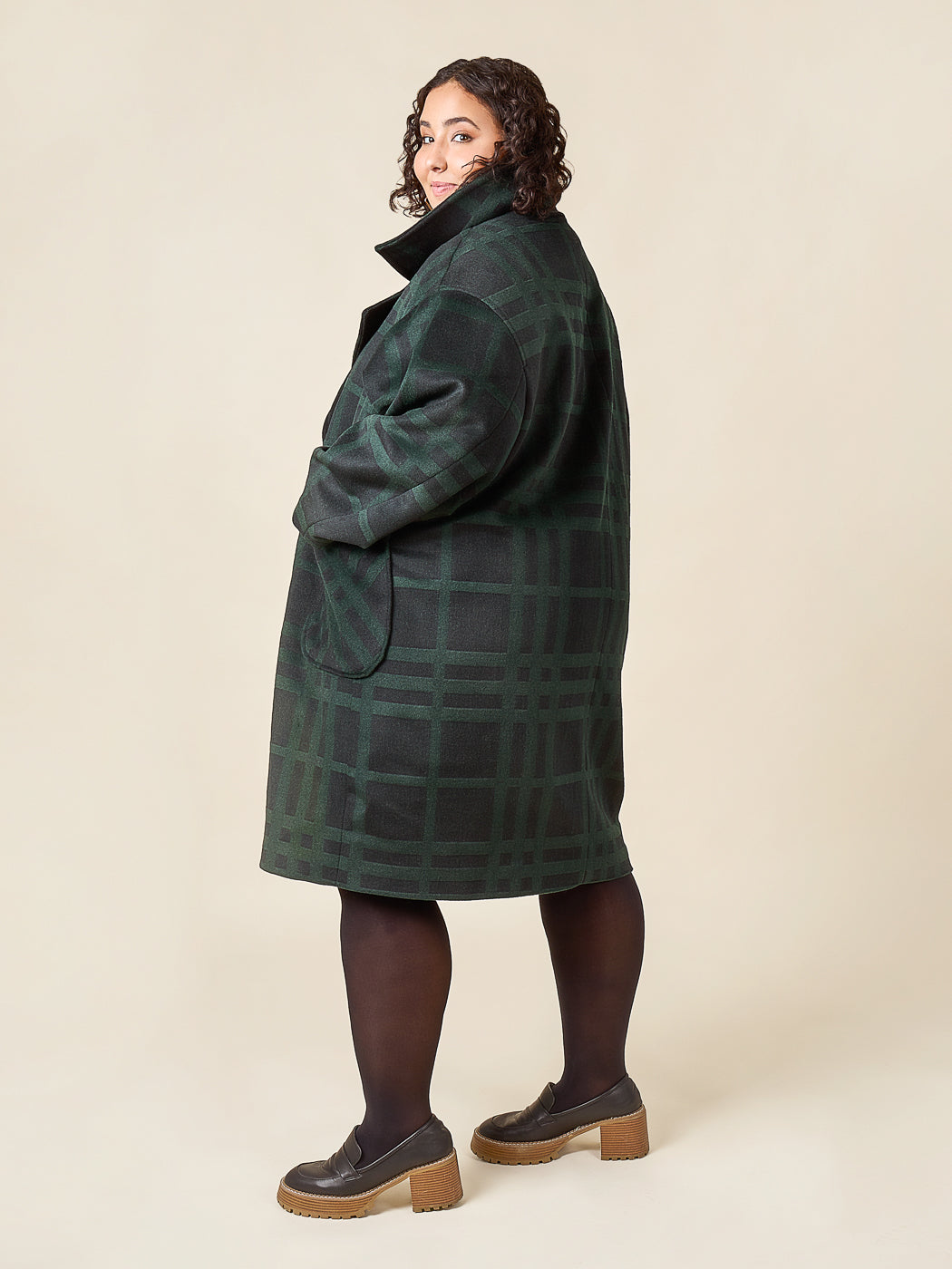 Back view of a green plaid coat from the Closet Core Phoebe Coat PDF sewing pattern