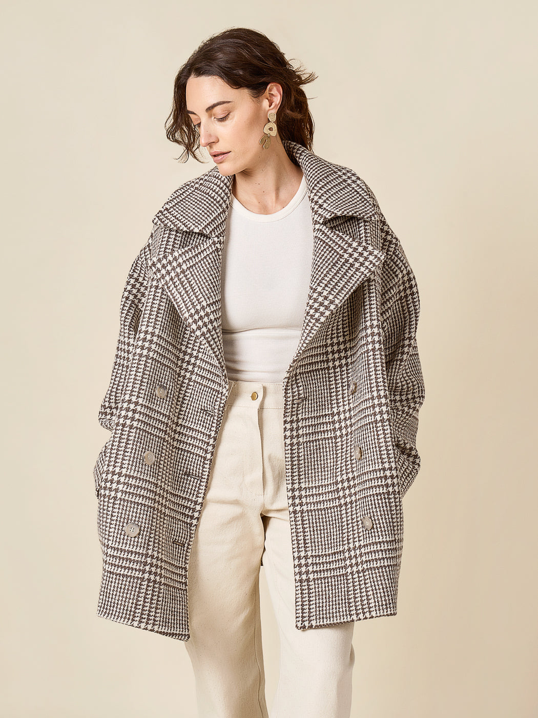 Grey oversized coat worn open, Closet Core Phoebe Coat PDF sewing pattern