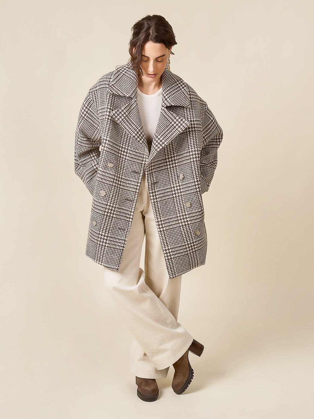 Grey wool coat from the Closet Core Phoebe Coat PDF sewing pattern, three quarter view