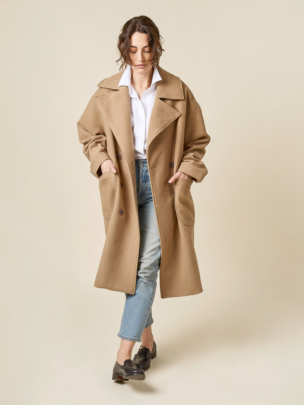 Camel maxi coat made with the Closet Core Phoebe Coat PDF sewing pattern, side view