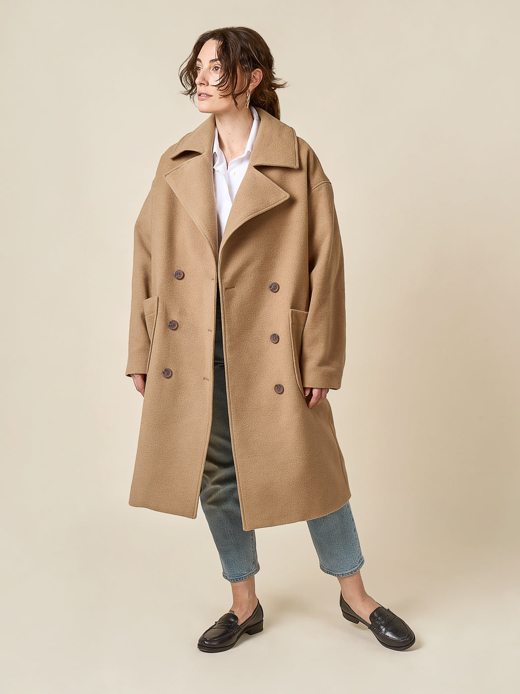 Long camel coat sewn from the Closet Core Phoebe Coat PDF sewing pattern, front view