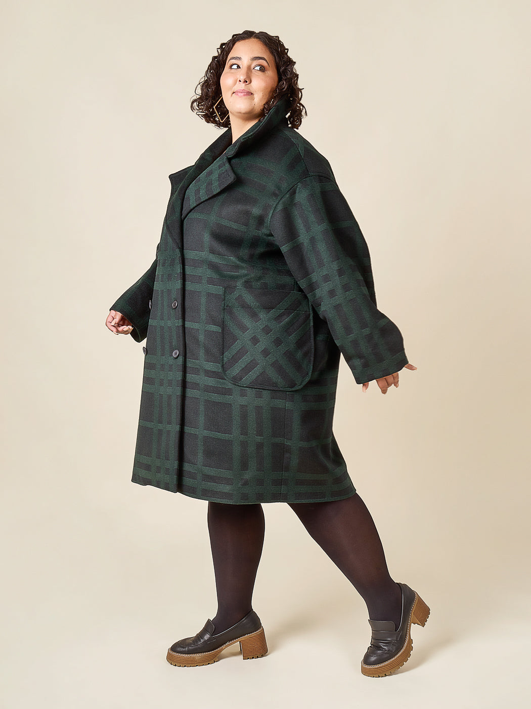 Green plaid coat worn open, Closet Core Phoebe Coat PDF sewing pattern
