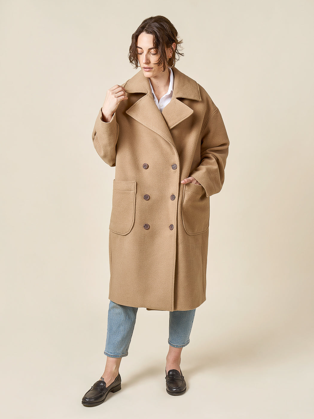 Camel wool coat made with the Closet Core Phoebe Coat PDF sewing pattern, front view