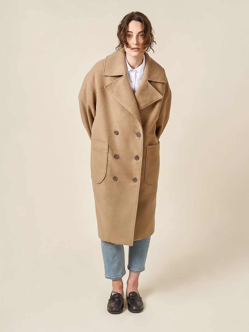 Camel long coat from the Closet Core Phoebe Coat PDF sewing pattern worn open