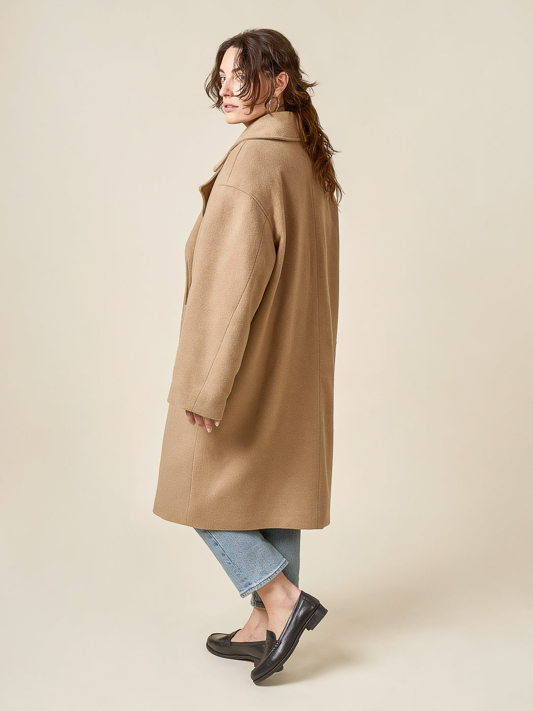 Back view of a long camel coat sewn from the Closet Core Phoebe Coat PDF sewing pattern