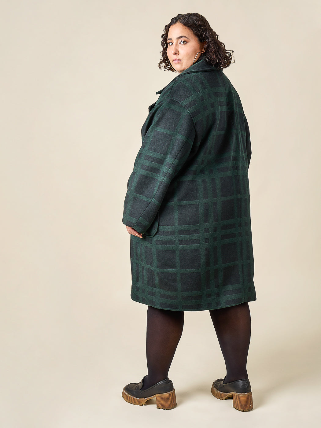 Green plaid coat three quarter view, Closet Core Phoebe Coat PDF sewing pattern