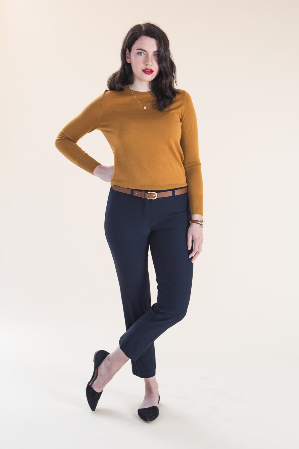 Navy trousers sewn from the Closet Core Sasha Trousers PDF sewing pattern, full length