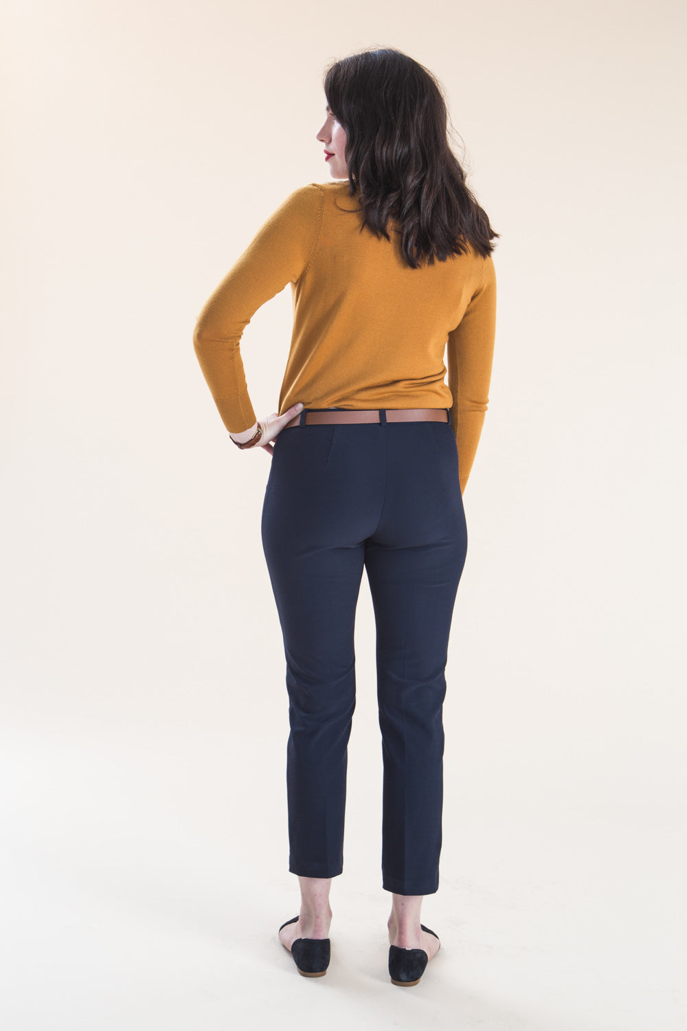 Navy cropped trousers made with the Closet Core Sasha Trousers PDF sewing pattern, front view