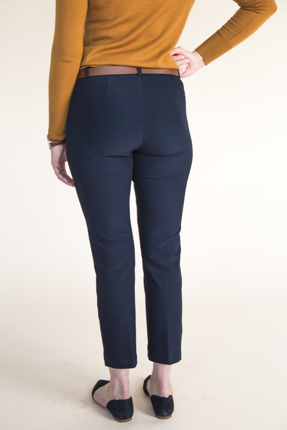 Navy trousers with hands in pockets, Closet Core Sasha Trousers PDF sewing pattern