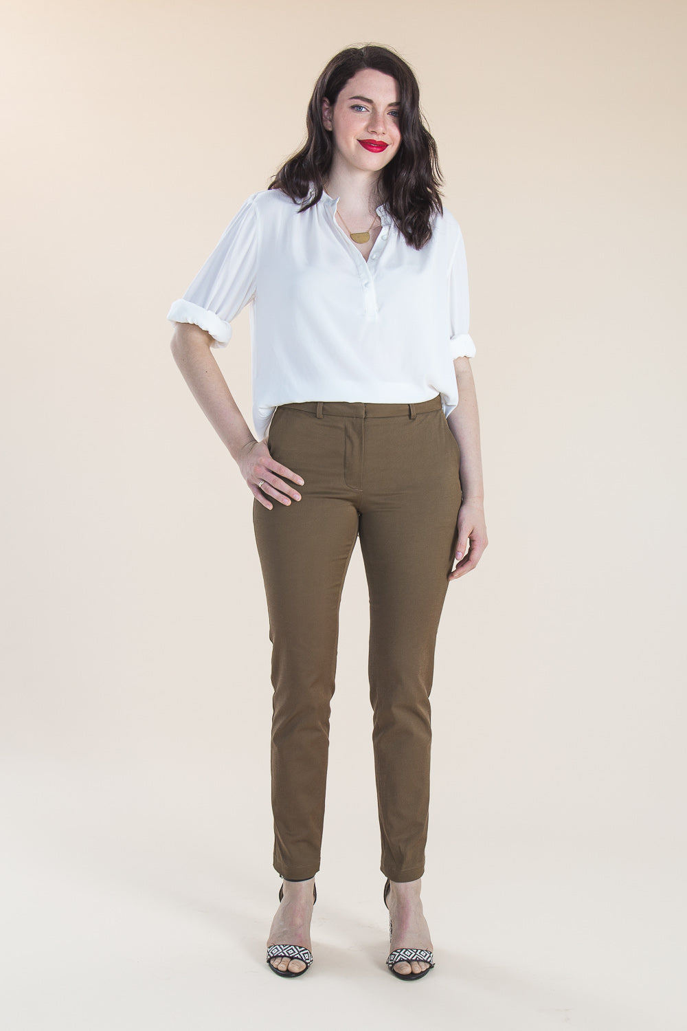 Khaki trousers from the Closet Core Sasha Trousers PDF sewing pattern, three quarter view