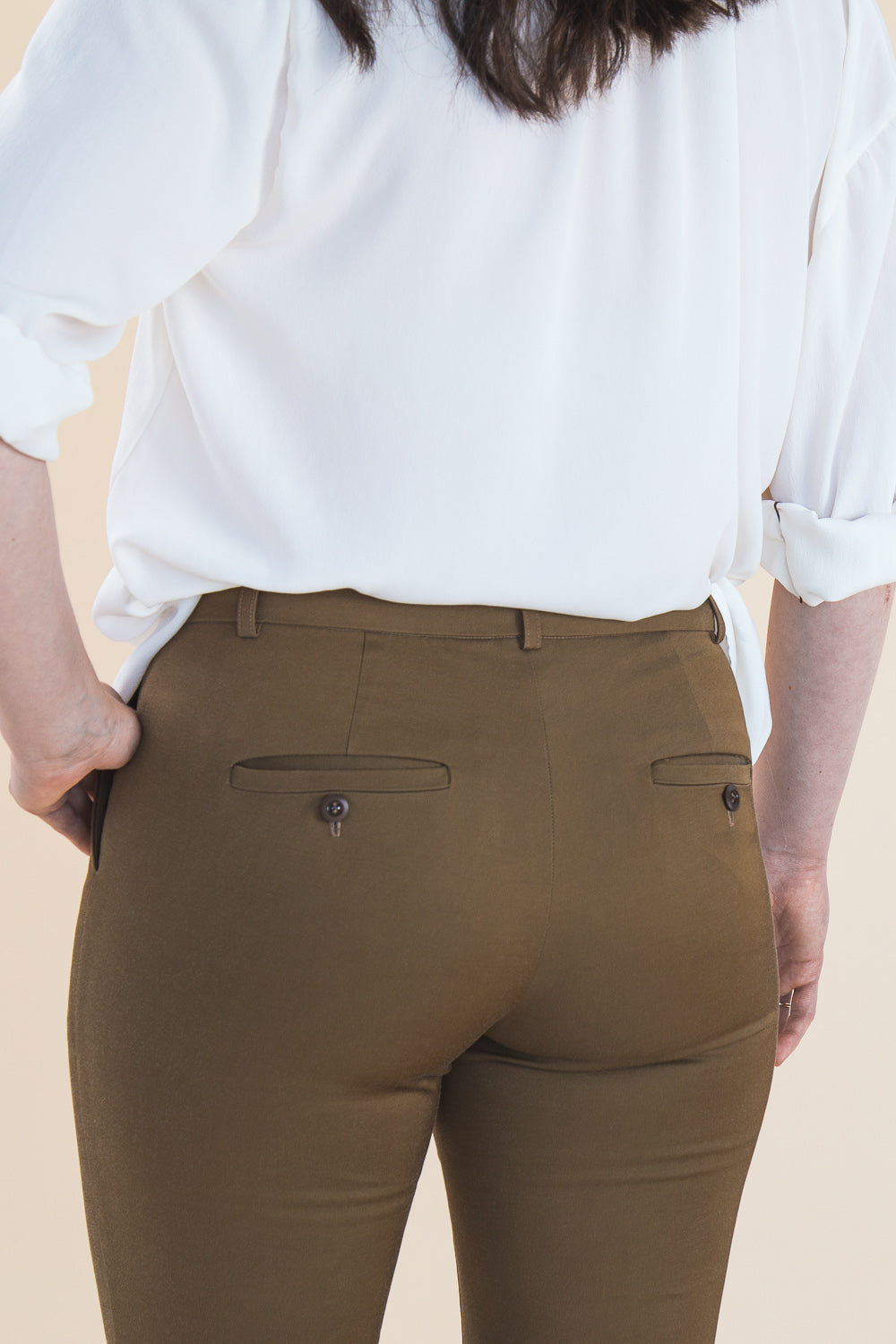 Back waistband detail of khaki trousers from the Closet Core Sasha Trousers PDF sewing pattern