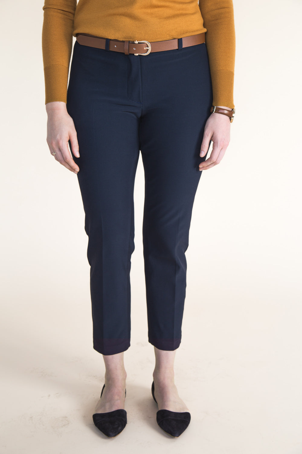 Close-up of navy trouser front from the Closet Core Sasha Trousers PDF sewing pattern