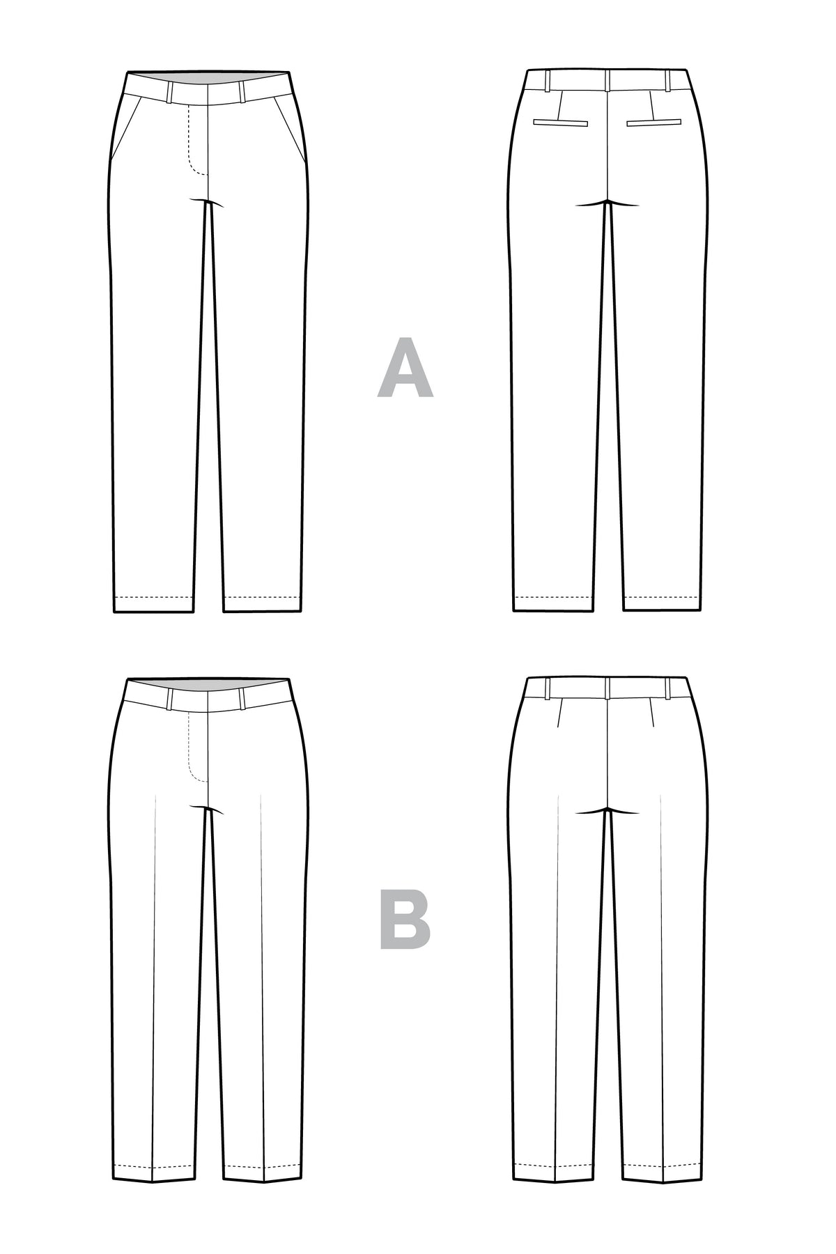 Closet Core Sasha Trousers PDF sewing pattern line drawings of the trouser views
