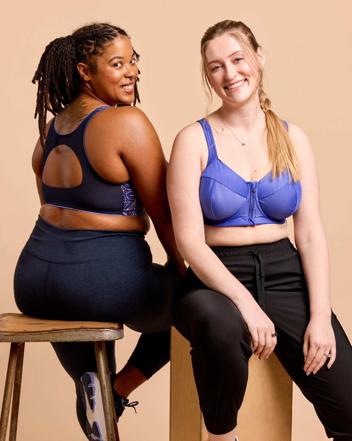 Cashmerette Somerville Sports Bra PDF sewing pattern, two women sitting on a stool wearing sports bras and leggings