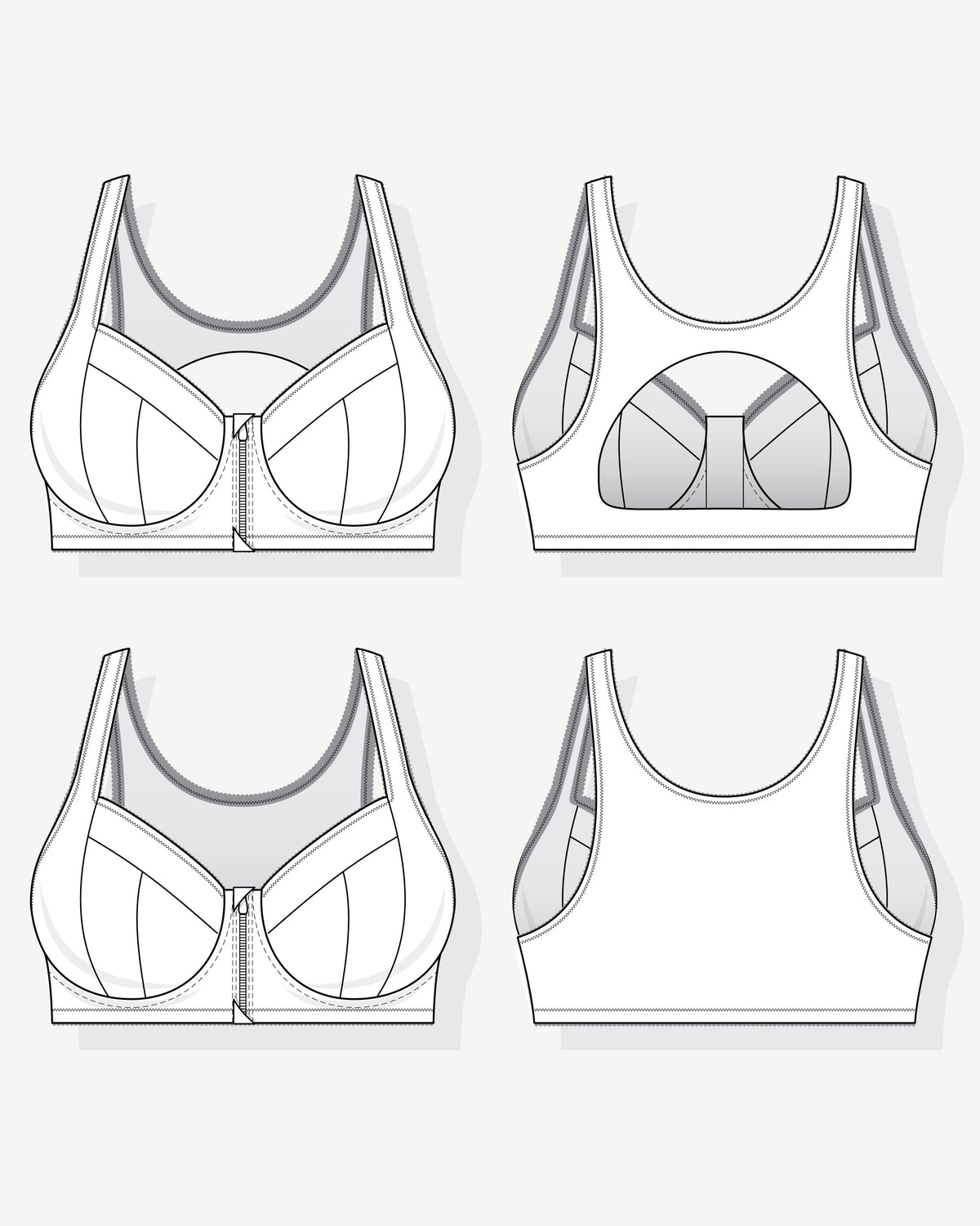 Cashmerette Somerville Sports Bra PDF sewing pattern, technical drawings of a sports bra from multiple angles