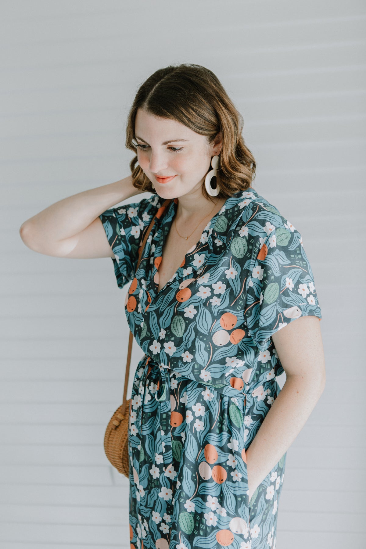 Sew to Grow Sydni Shirtdress PDF sewing pattern, model in a blue shirtdress
