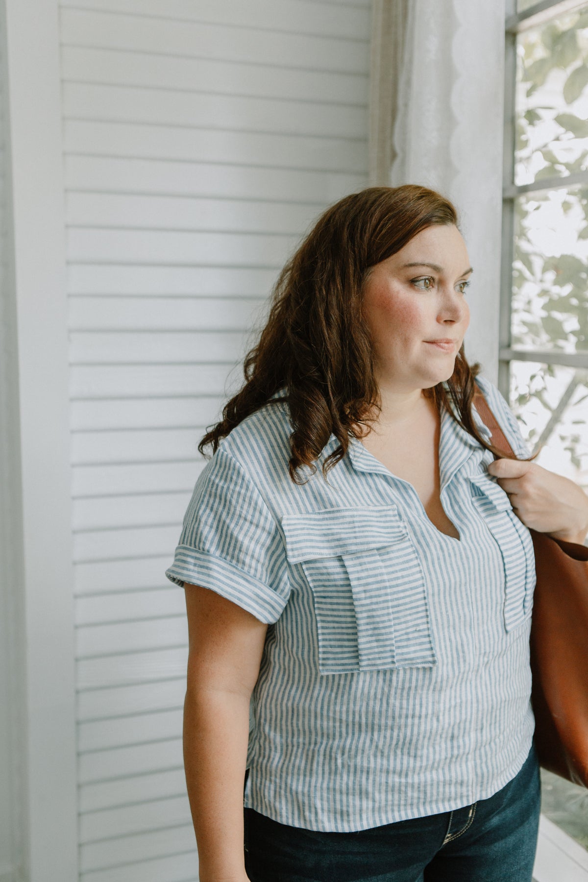 Sew to Grow Sydni Shirtdress PDF sewing pattern, model in a light blue top