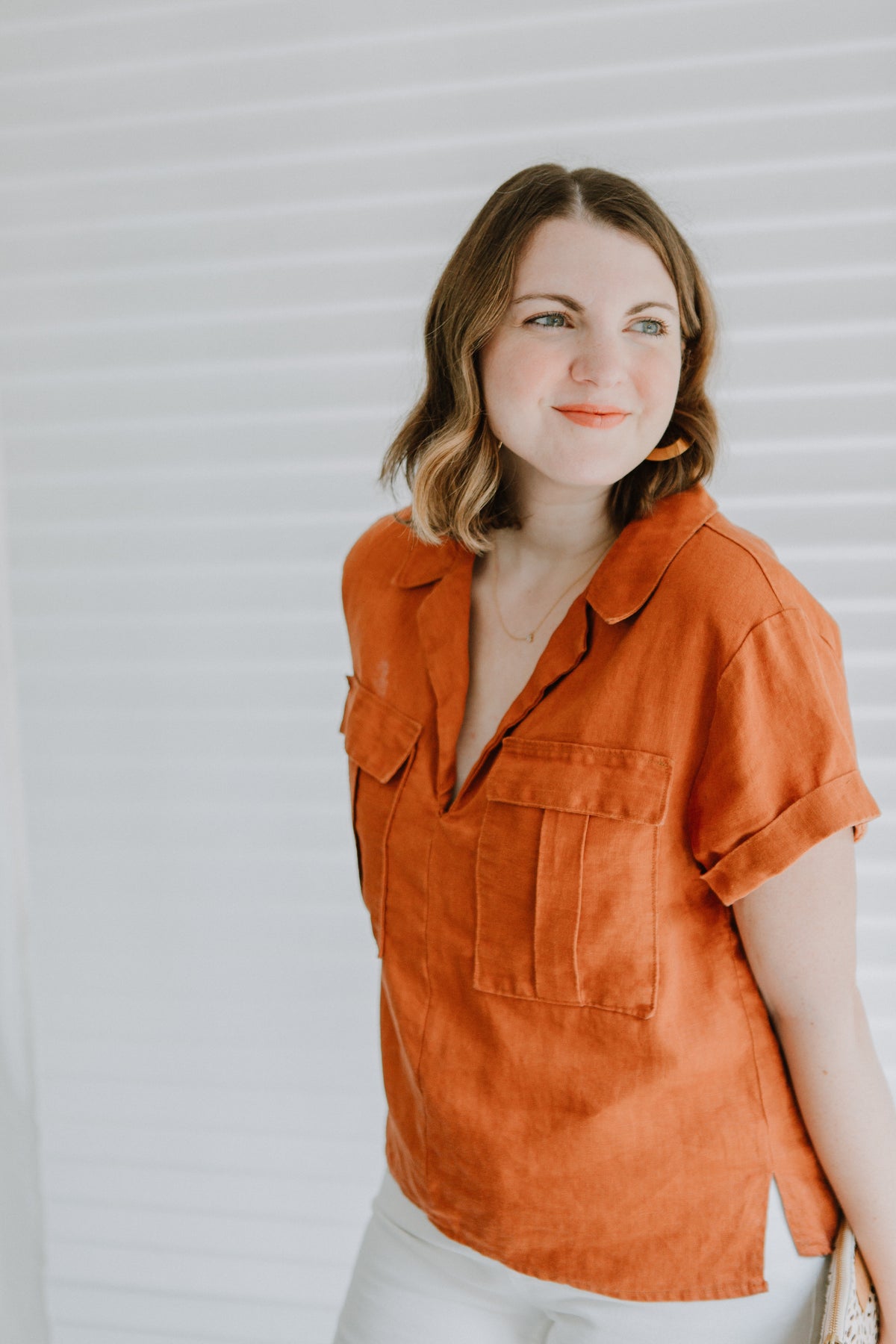 Sew to Grow Sydni Shirtdress PDF sewing pattern, model in a navy shirtdress