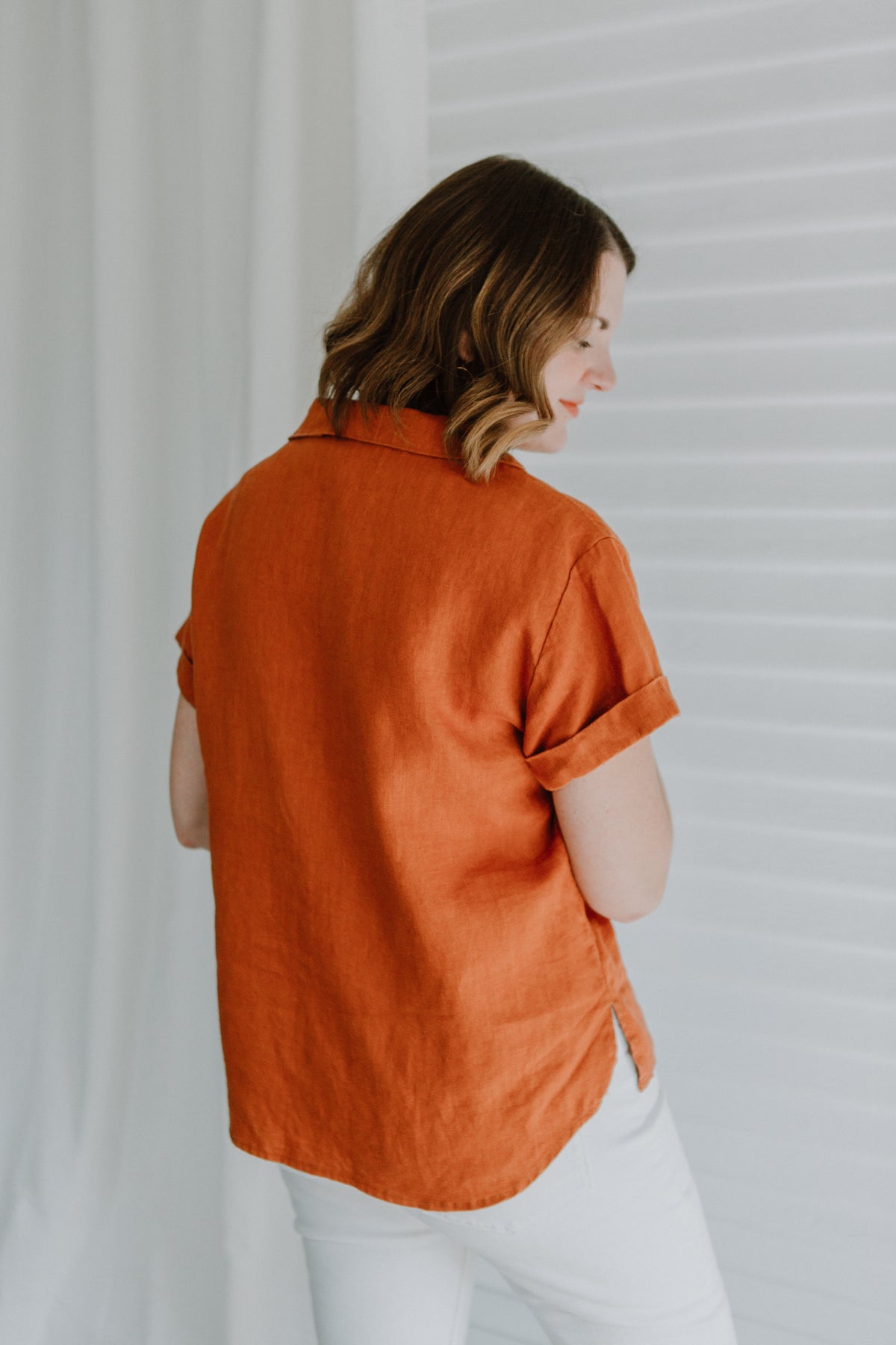 Sew to Grow Sydni Shirtdress PDF sewing pattern, orange top close-up