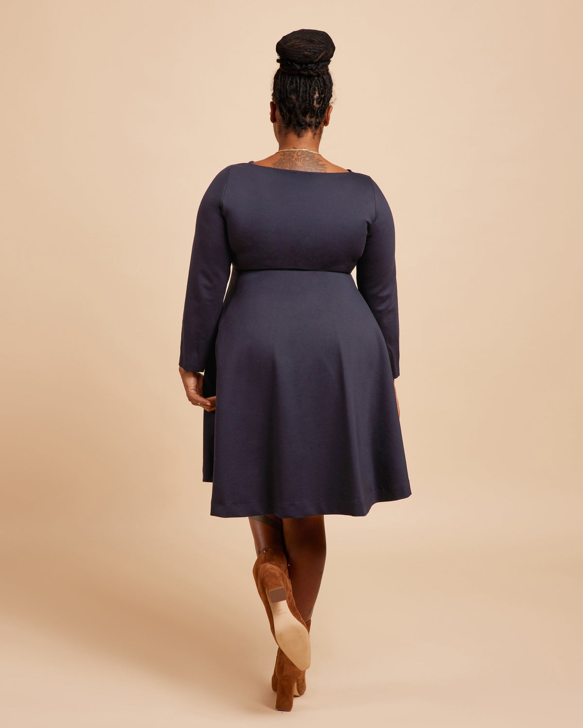 Cashmerette Turner Dress PDF sewing pattern, back view of a navy knit dress