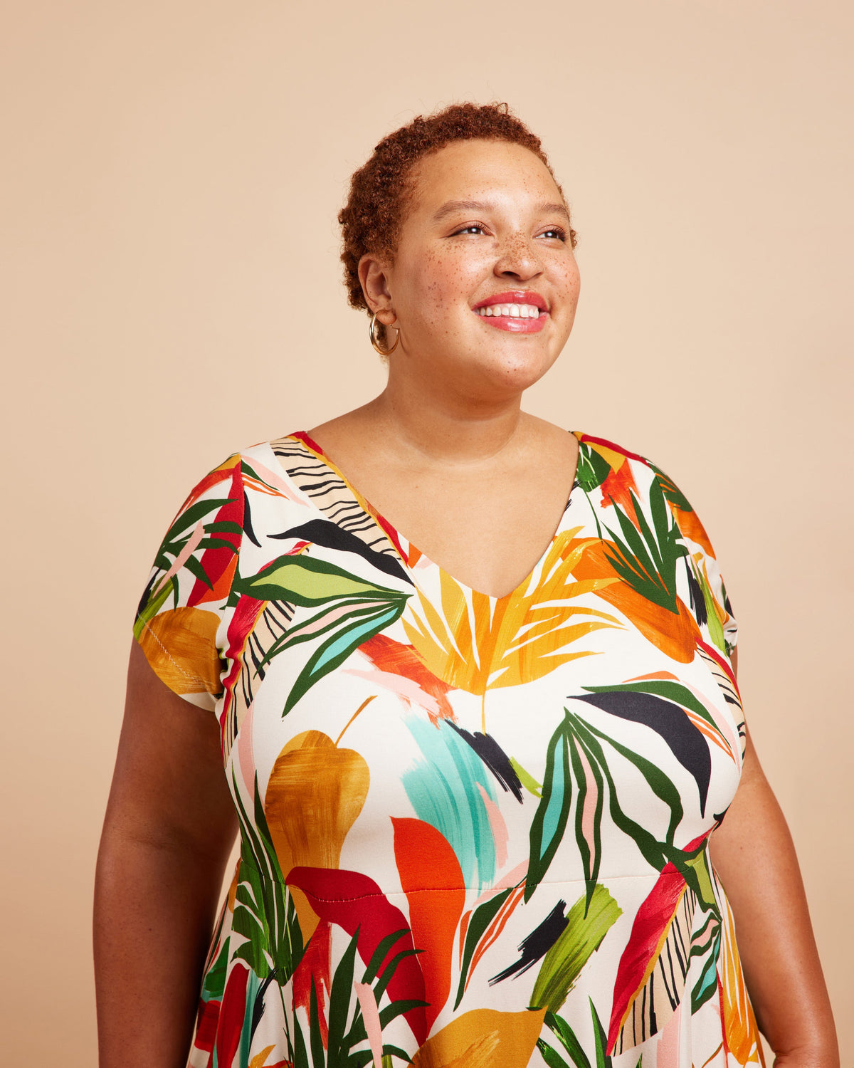 Cashmerette Turner Dress PDF sewing pattern, close-up of a floral print knit dress neckline
