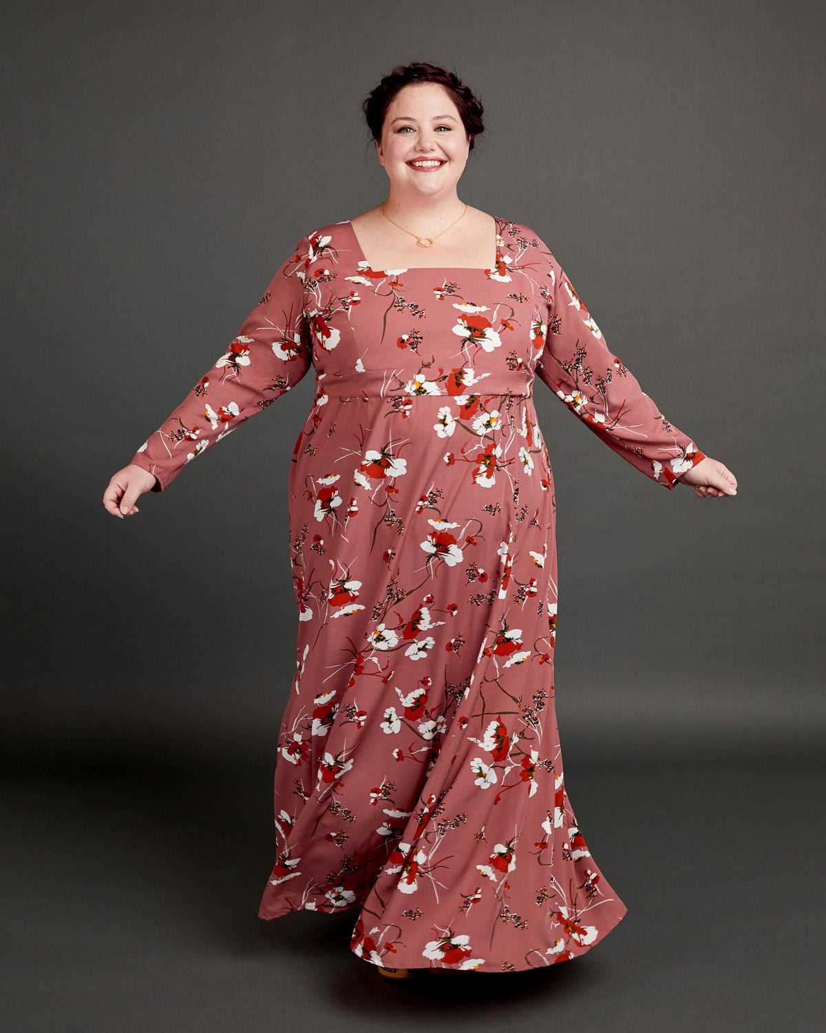 Cashmerette Upton Dress and Skirt Plus expansion pack PDF sewing pattern, woman wearing a long floral dress