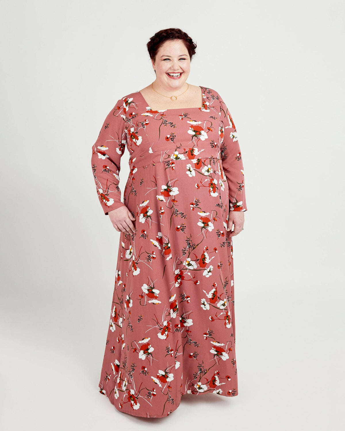 Cashmerette Upton Dress and Skirt Plus expansion pack PDF sewing pattern, woman wearing a floral dress, pink floral maxi