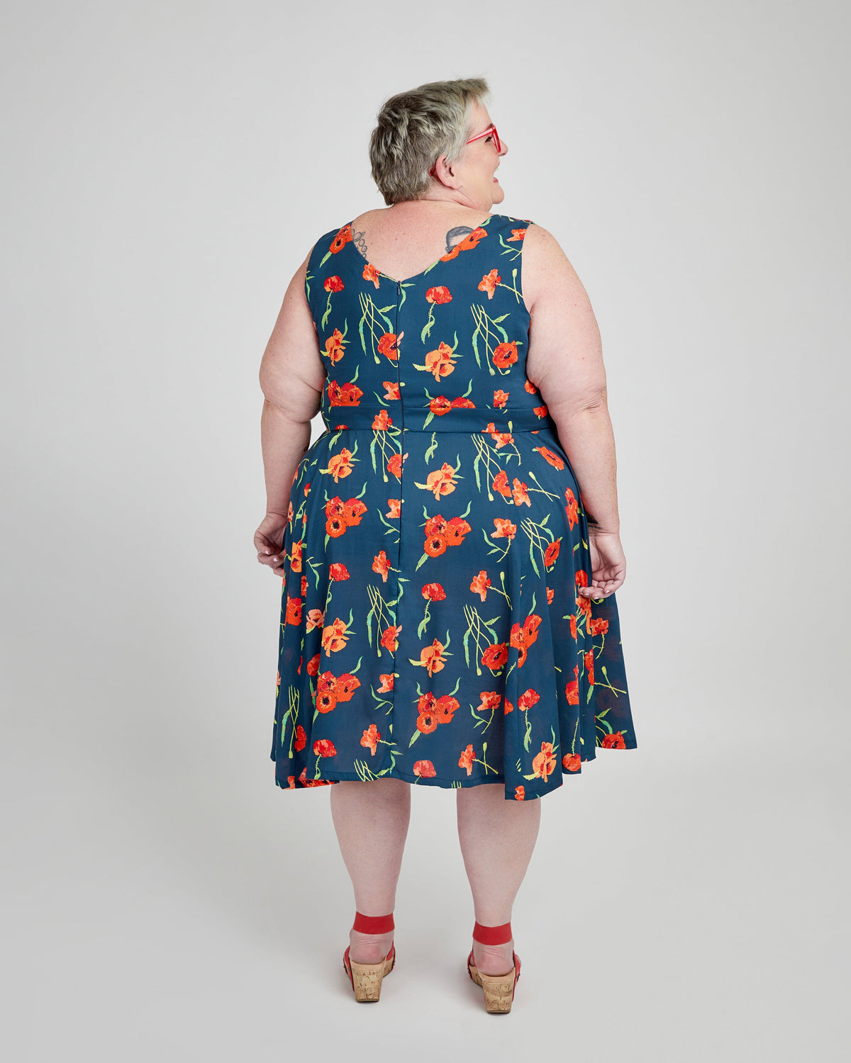 Cashmerette Upton Dress and Skirt Plus expansion pack PDF sewing pattern, woman wearing a blue floral dress
