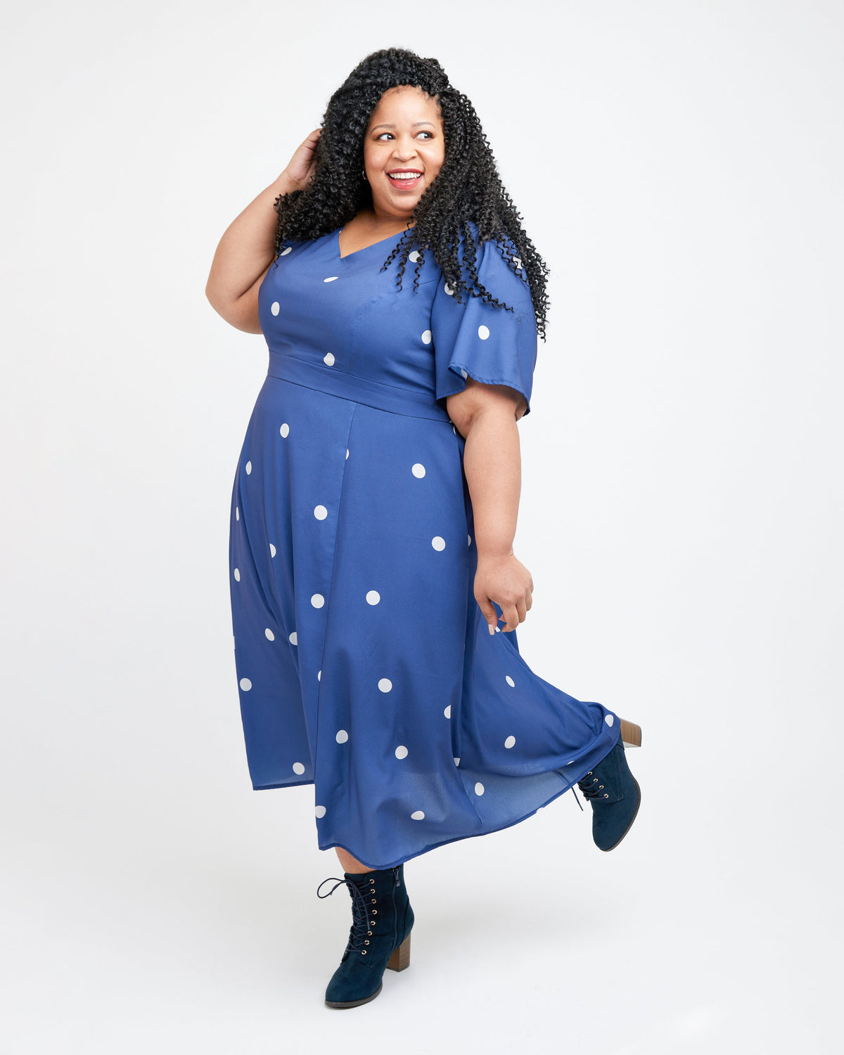 Cashmerette Upton Dress and Skirt Plus expansion pack PDF sewing pattern, woman wearing a blue dress with white polka dots, blue print twirl
