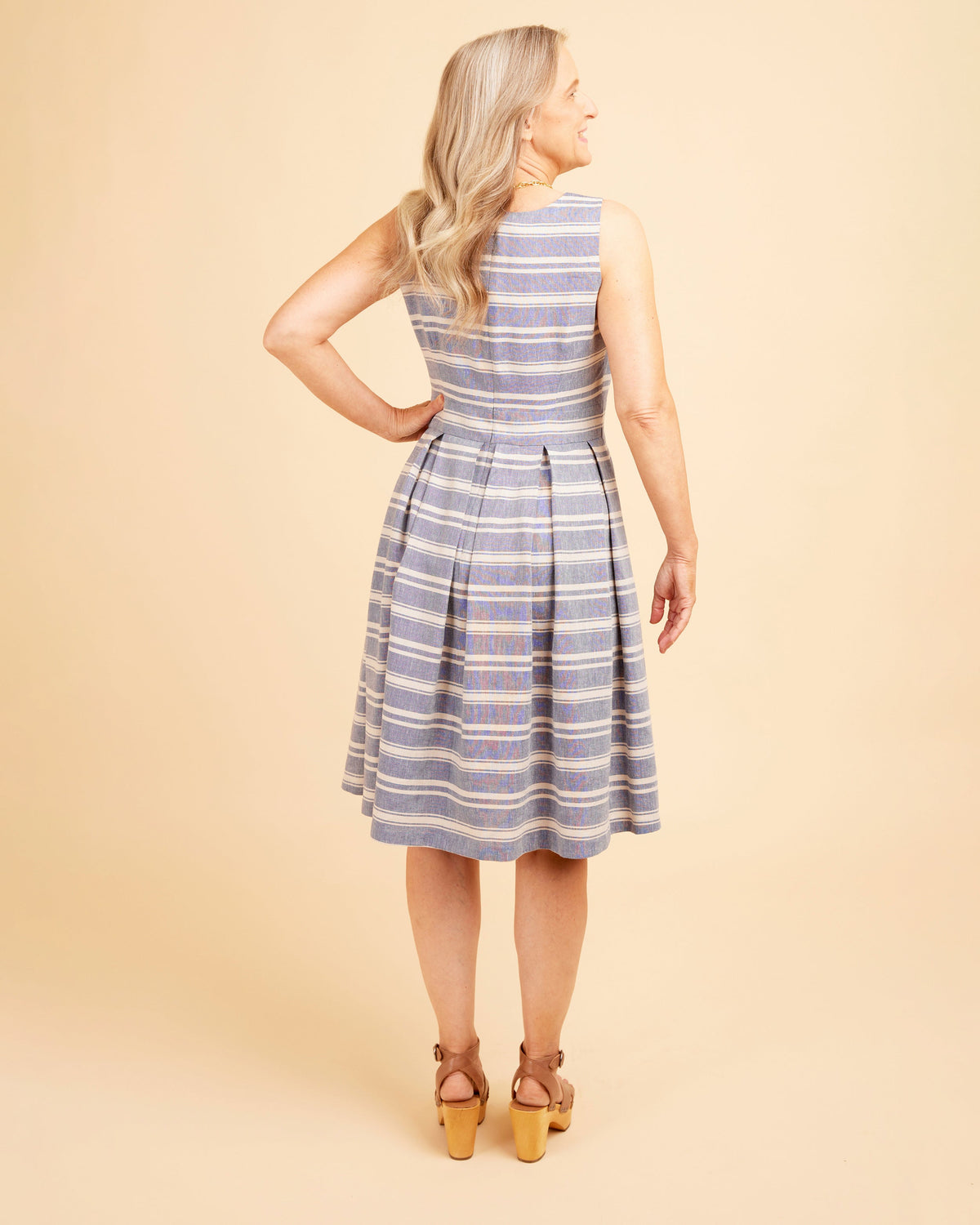 Cashmerette Upton Dress and Skirt Plus expansion pack PDF sewing pattern, woman wearing a blue and white striped dress, gingham full length
