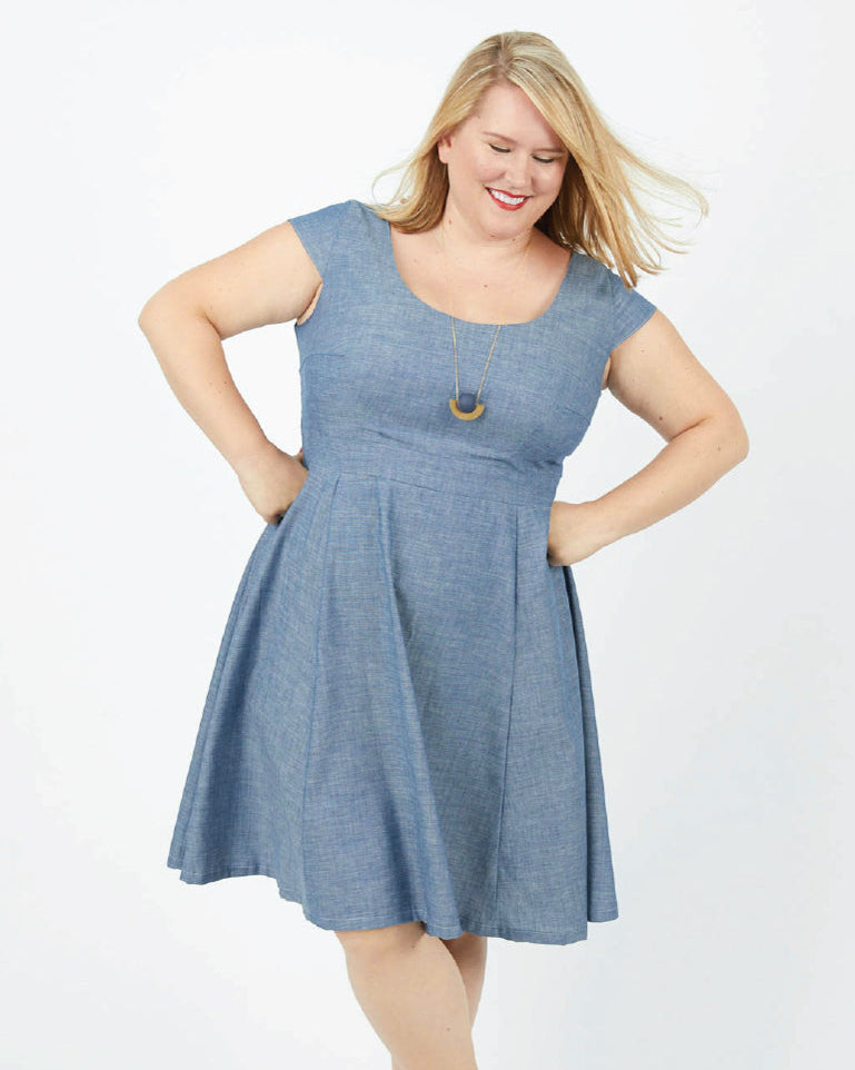 Cashmerette Upton Dress and Skirt Plus expansion pack PDF sewing pattern, this dress is the Upton Dress & Skirt sewing pattern, light blue version