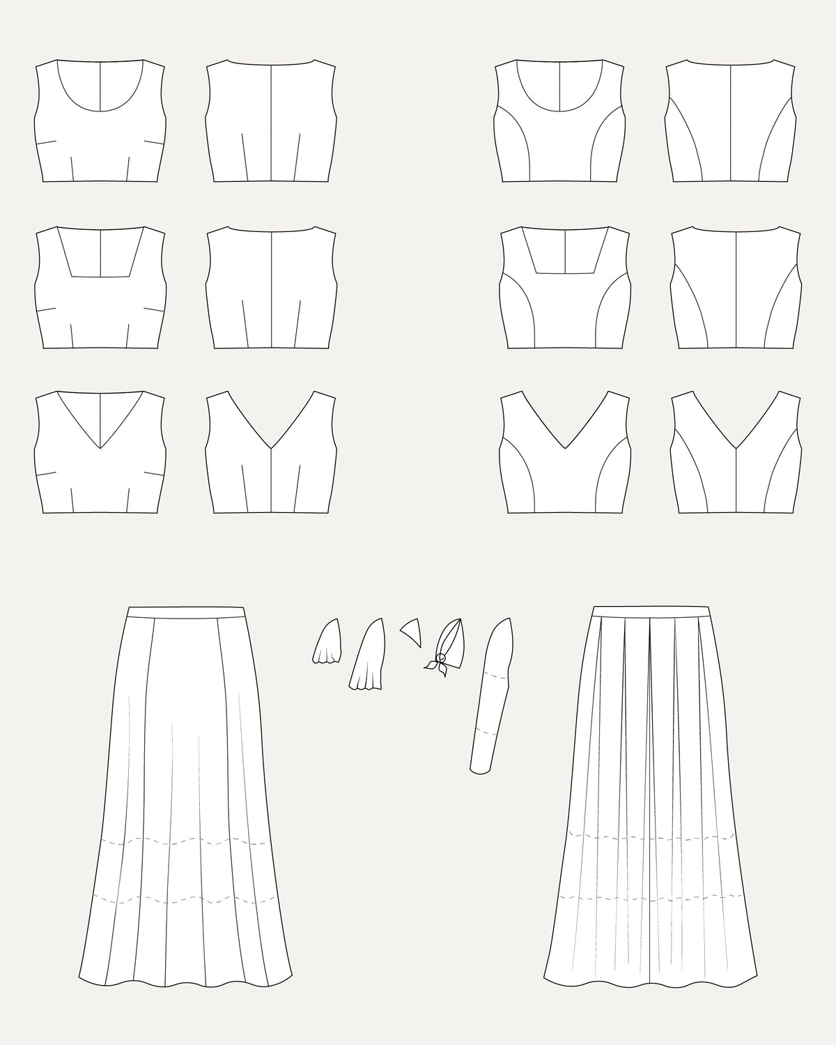 Cashmerette Upton Dress and Skirt Plus expansion pack PDF sewing pattern technical line drawings of the views